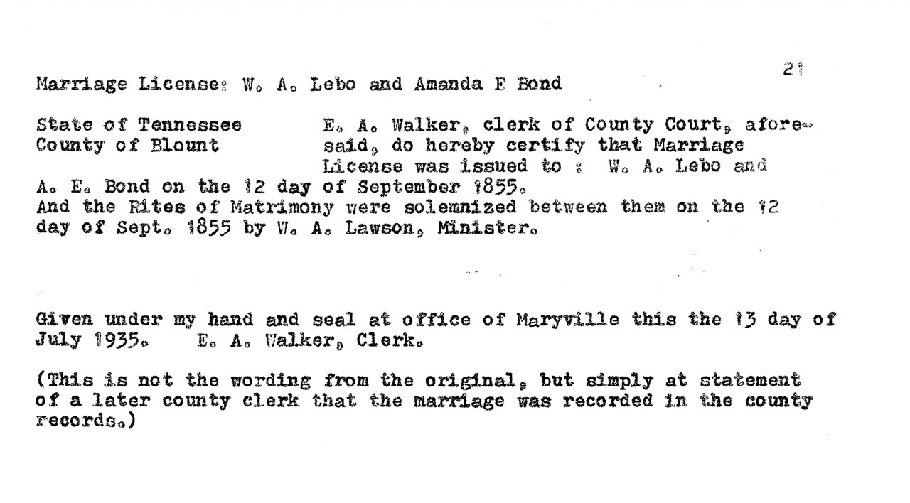 Typewritten marriage license record from Blount County, Tennessee, 1855.