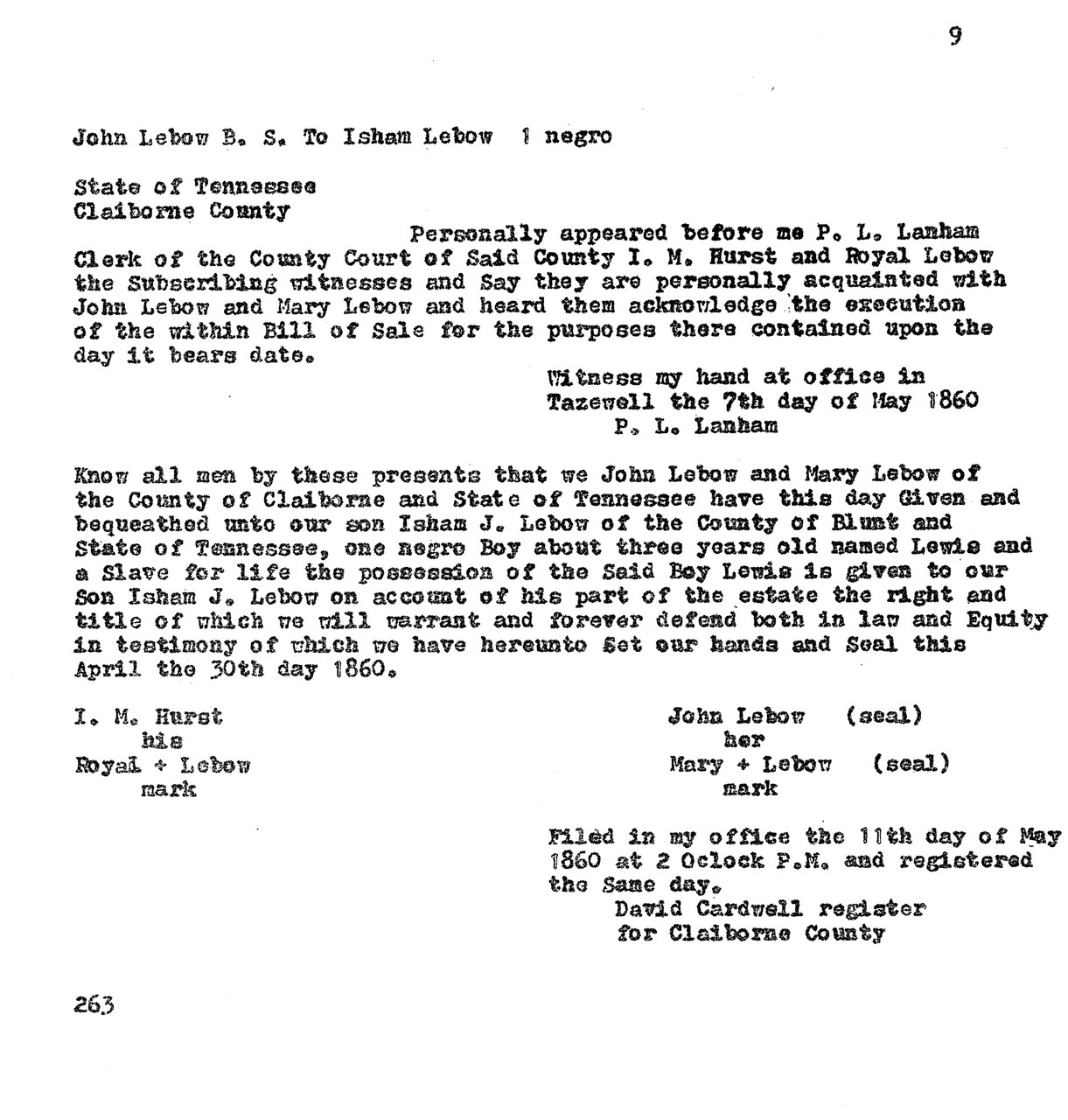Typewritten legal document from Claiborne County, Tennessee, dated 1860, regarding a bill of sale.