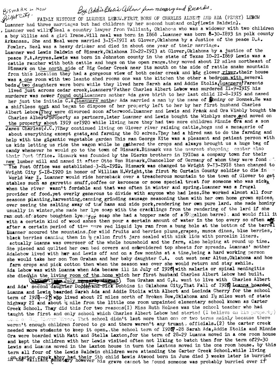 Typed family history document about the Lebow family.