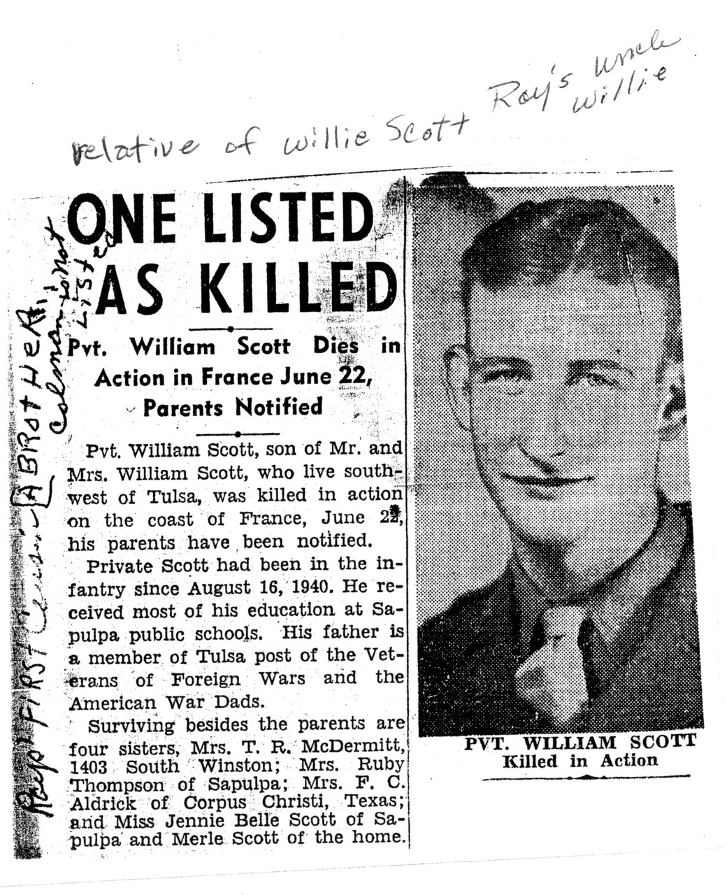 Newspaper clipping with portrait photo and obituary headline about a soldier killed in action.