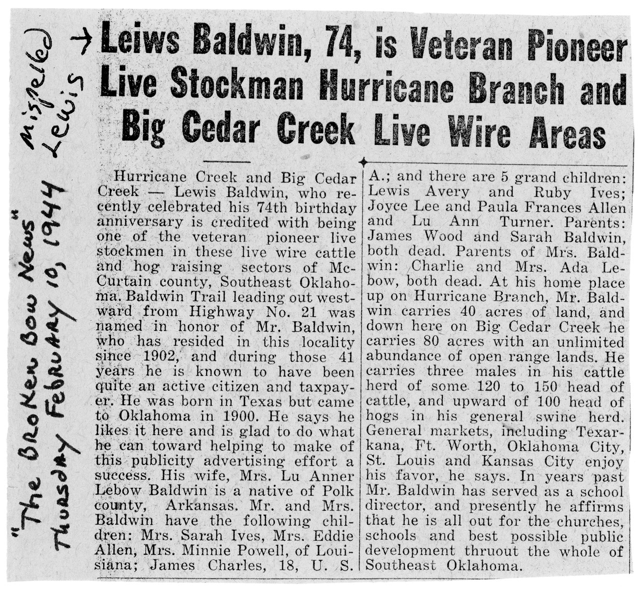Newspaper article titled "Leiws Baldwin, 74, is Veteran Pioneer Live Stockman Hurricane Branch and Big Cedar Creek Live Wire Areas"