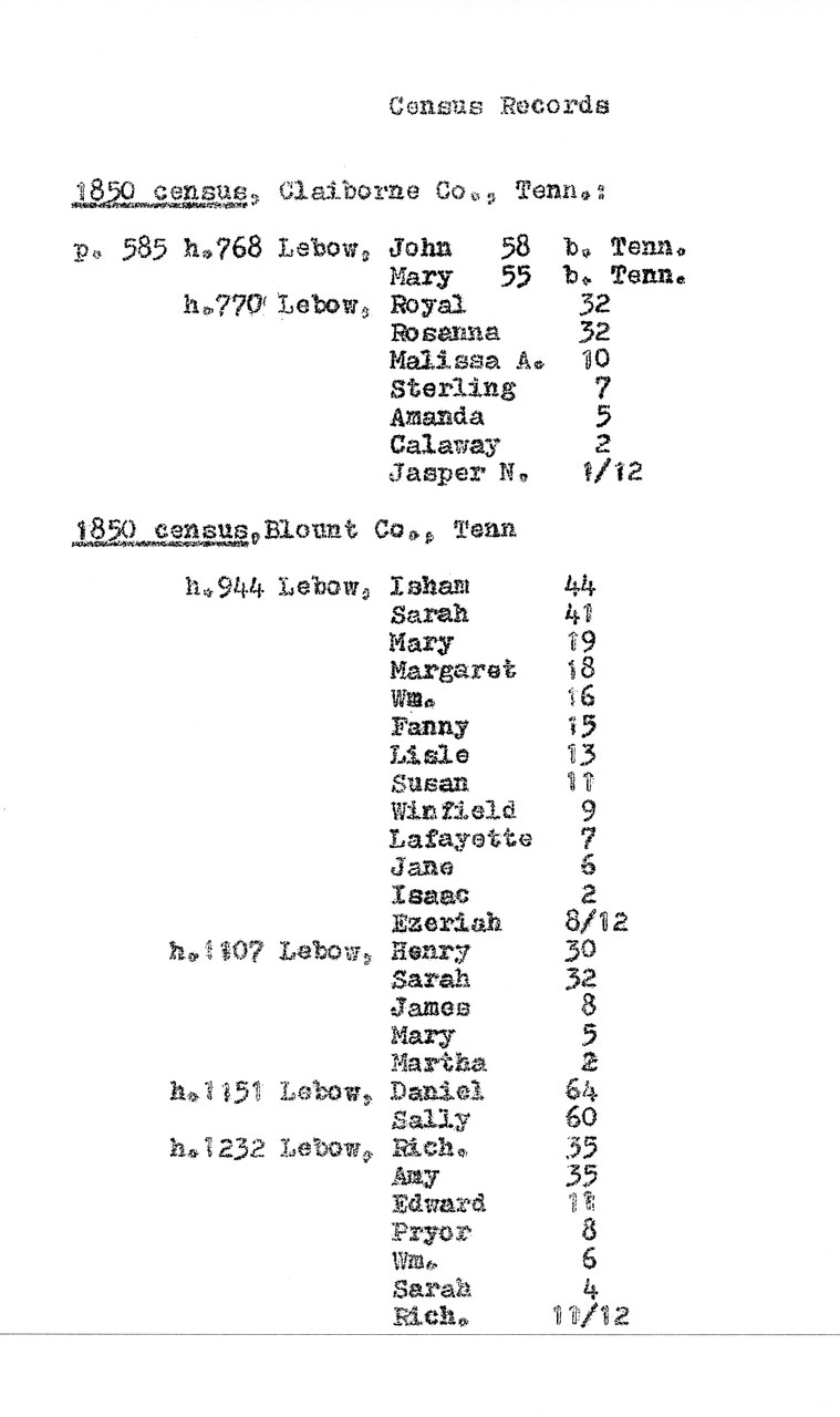 Typed census record document for Claiborne and Blount Counties, Tennessee, 1850.