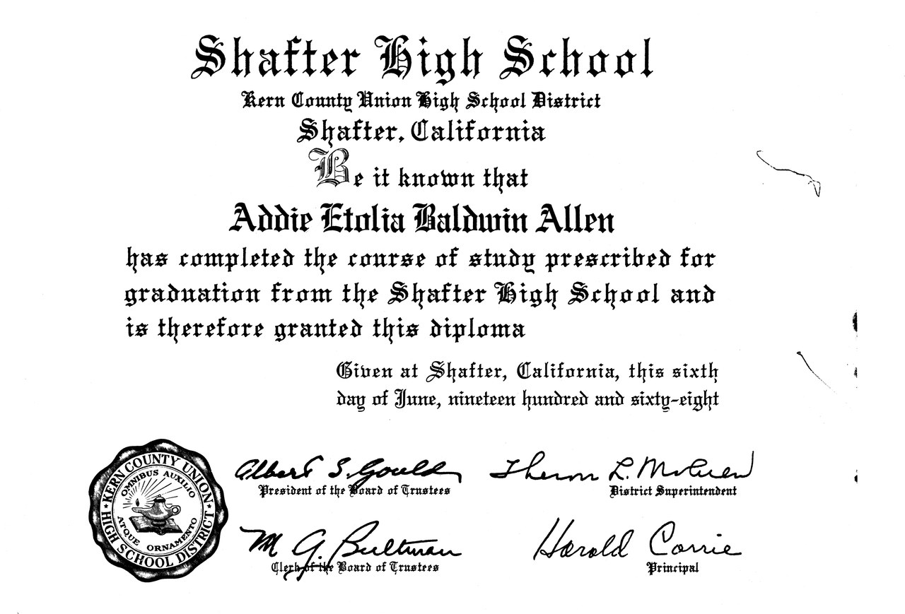 Shafter High School diploma issued to Addie Etolia Baldwin Allen, dated June 6, 1968.