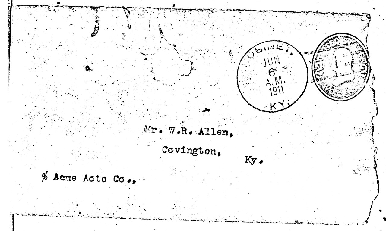 Envelope addressed to Mr. W.R. Allen in Covington, Ky with postmarks dated JUN 6 A.M. 1911