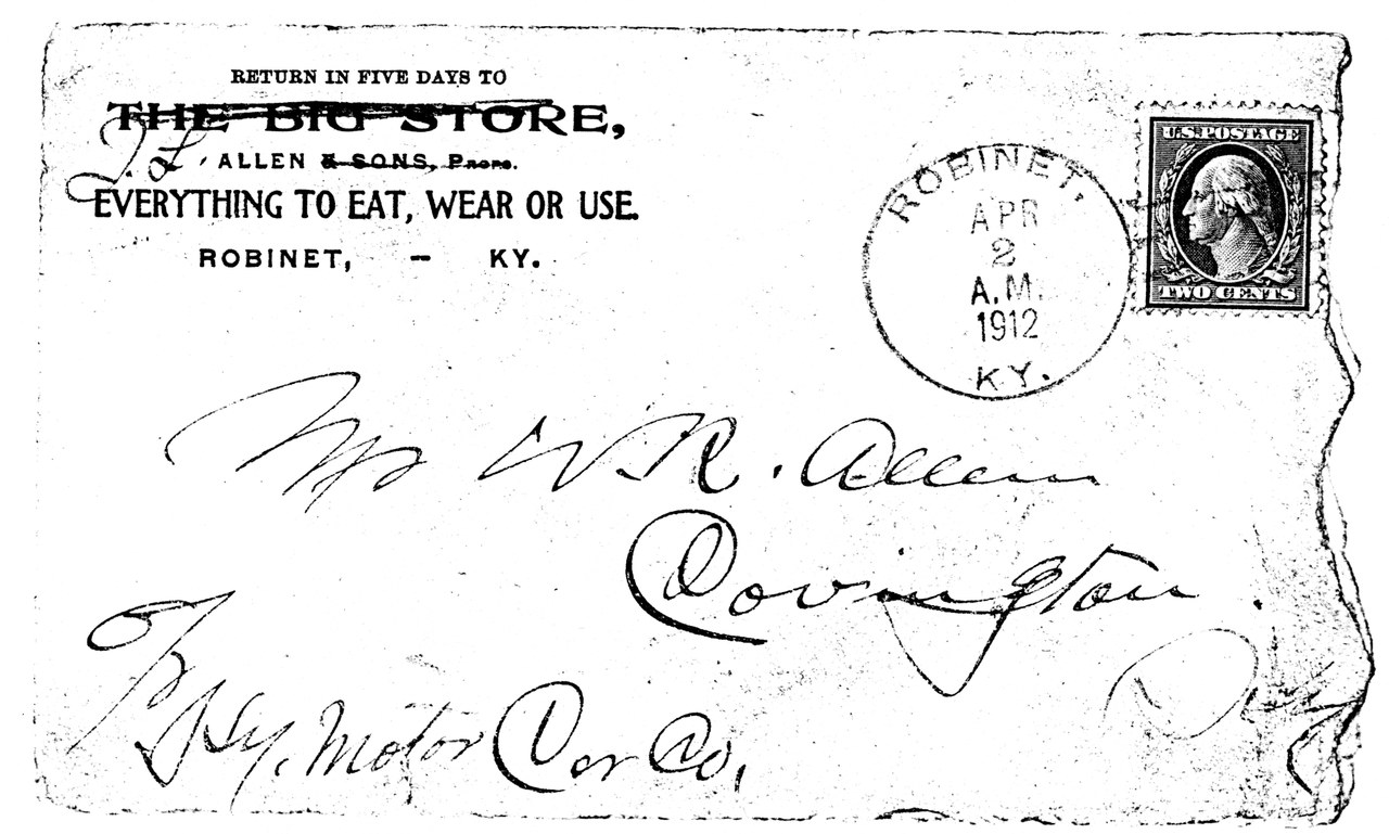 Vintage postcard from The Big Store, Robinet KY, dated April 2, 1912.