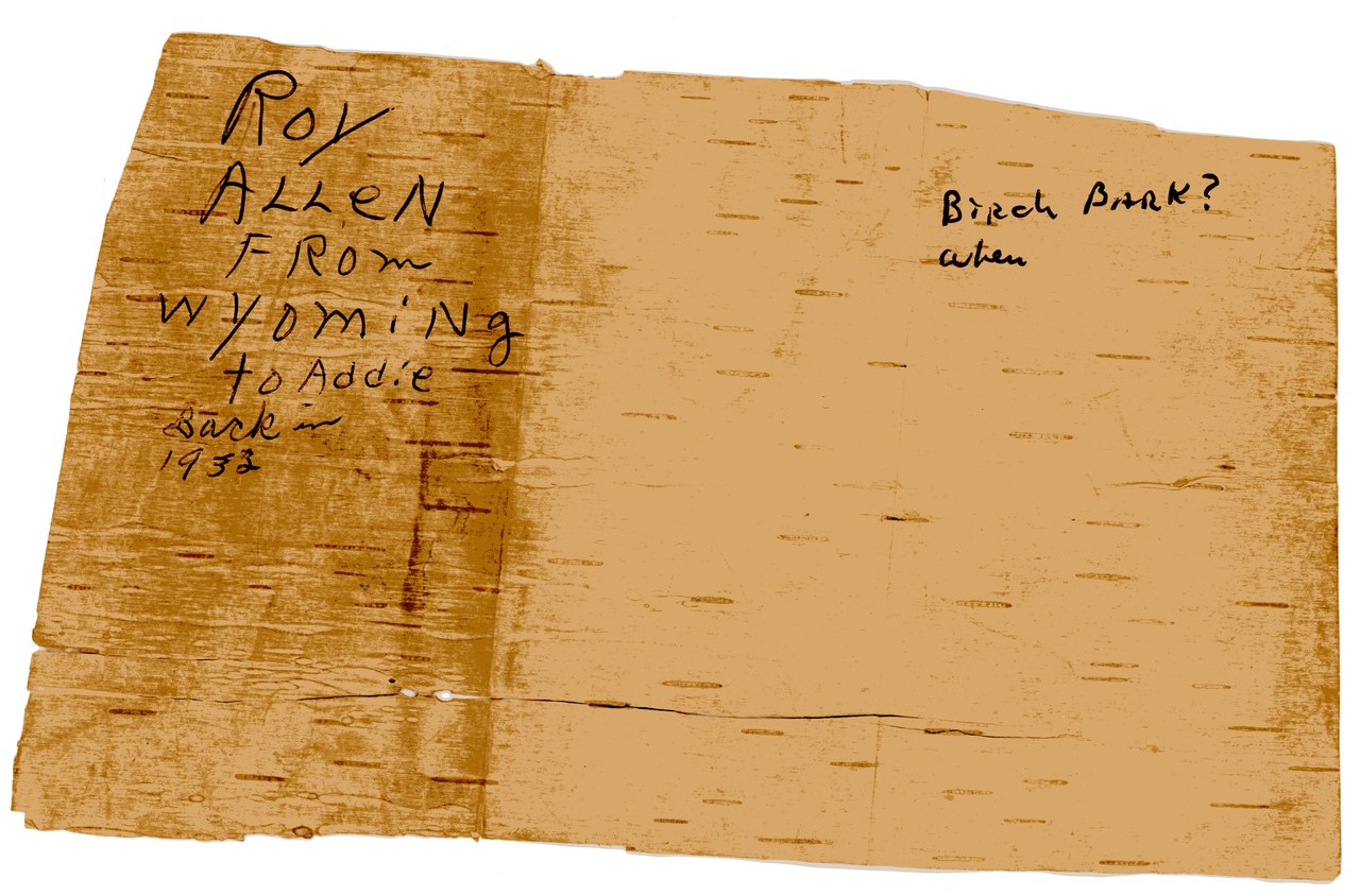 Handwritten inscription on birch bark, dated 1952