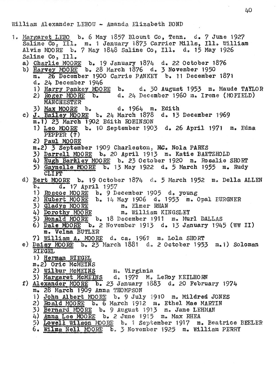 Typewritten genealogical record page listing descendants of William Alexander Lebow and Amanda Elizabeth Bond with dates and names.