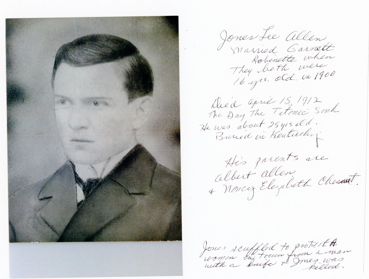 Formal portrait photograph of a young man in suit with handwritten biographical notes.