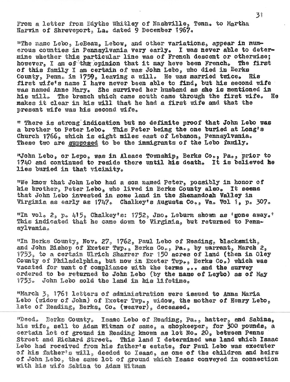 Typewritten historical document page numbered 31, discussing Lebo family genealogy from 1967.