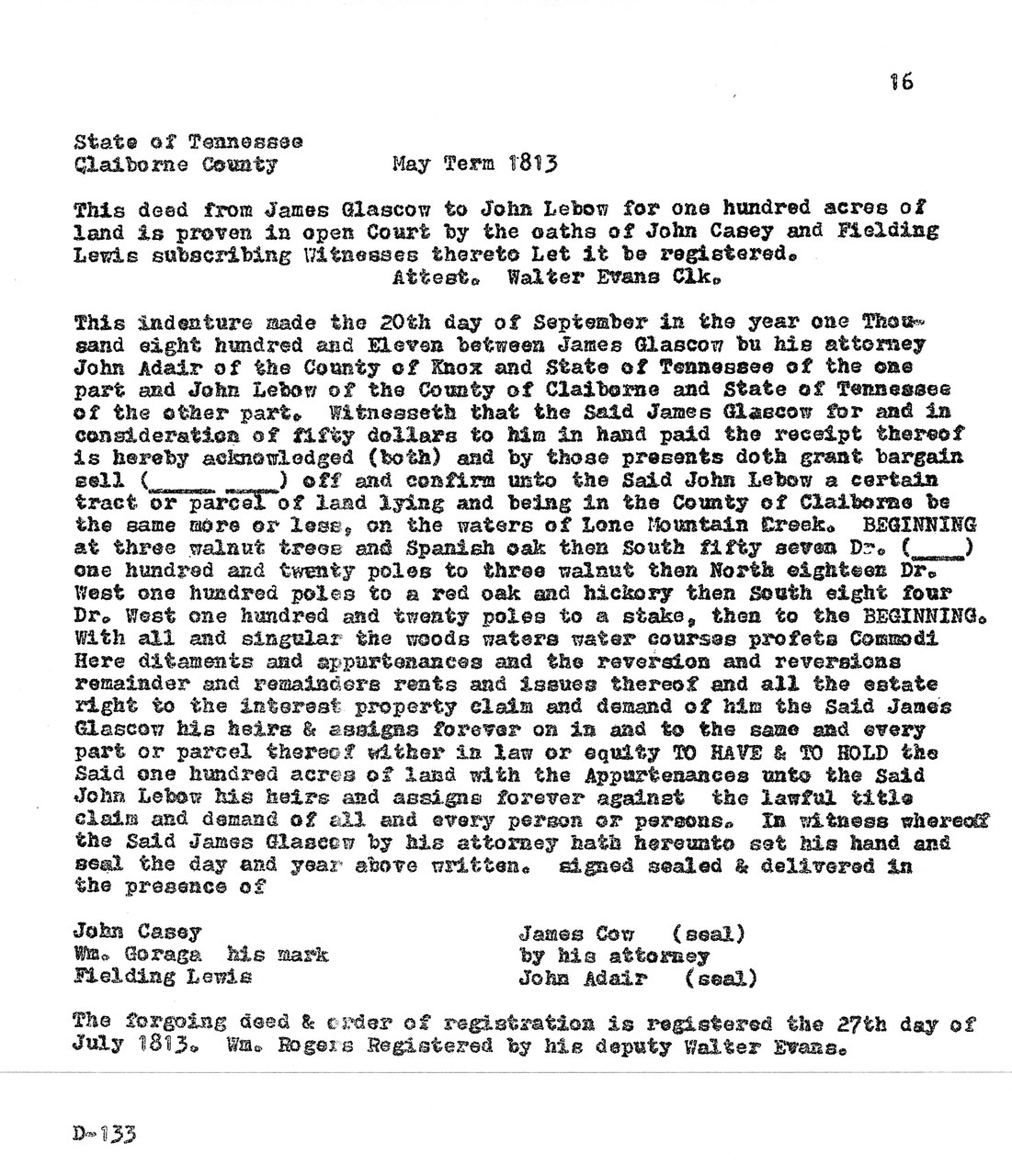 Scanned page from a historical land deed document from Tennessee, dated 1813.