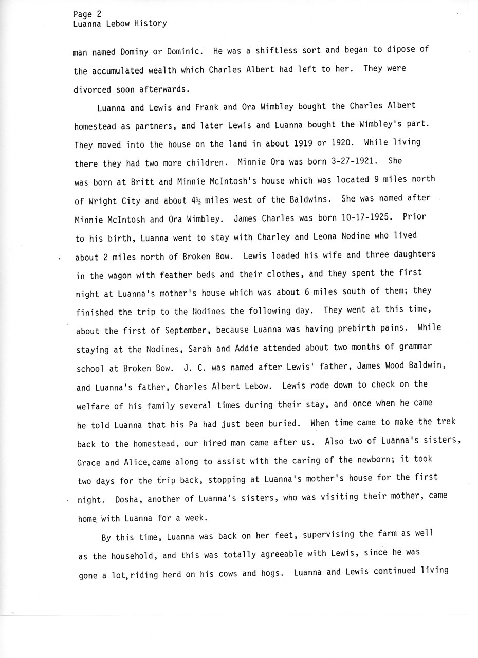 Page 2 of Luanna Lebow History typewritten family narrative