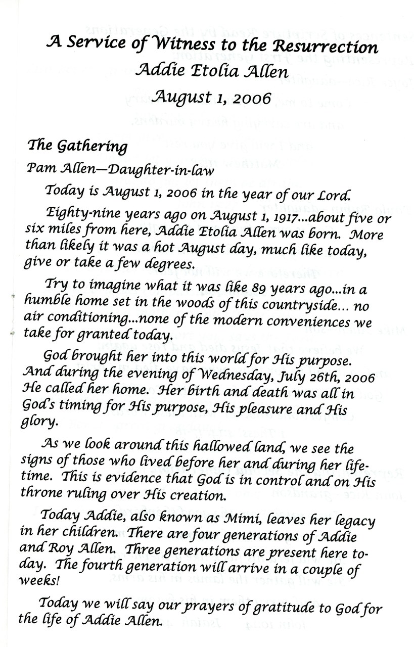 Text document: funeral service program for Addie Etolia Allen, August 1, 2006.