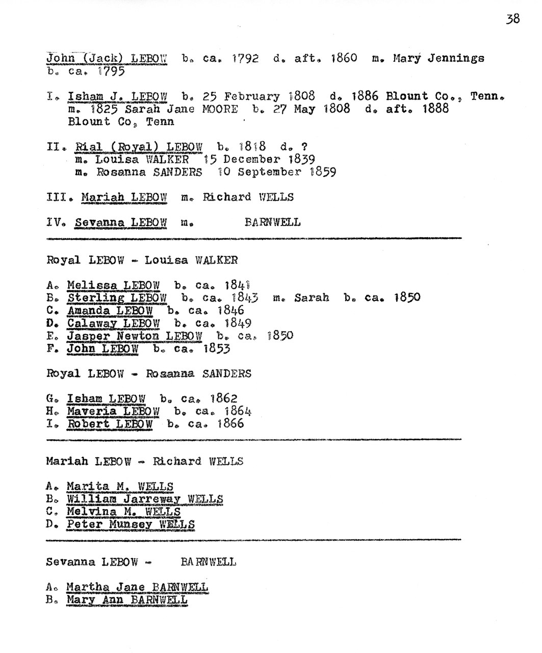 Typed genealogical record showing LEBOW family ancestry and descendants from 1792-1860s