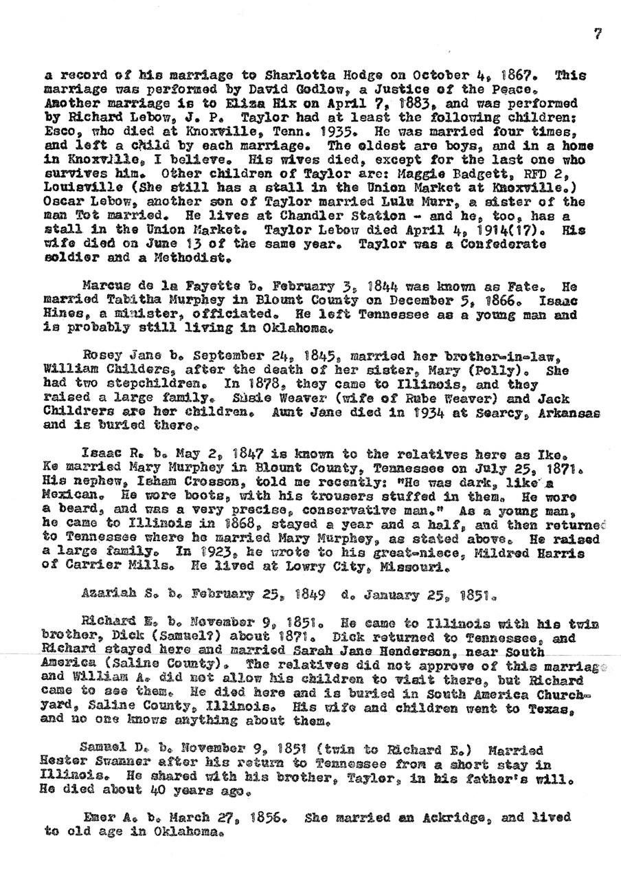Typed page of genealogical family records and biographical notes