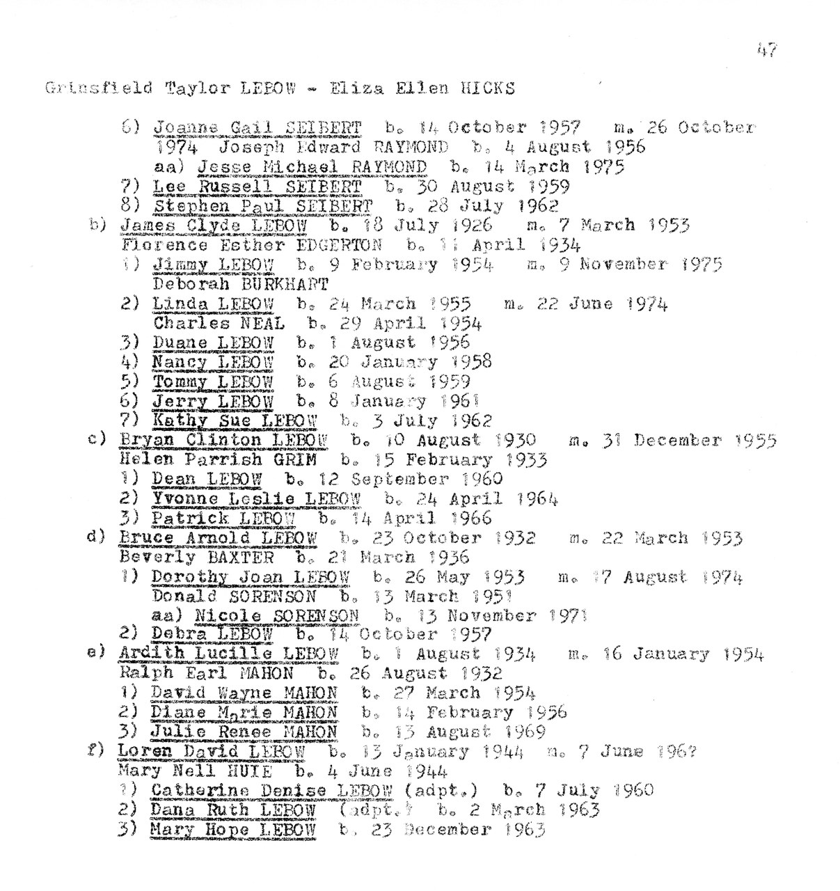 Typed genealogical record listing names, birth dates, and death dates organized by family sections.
