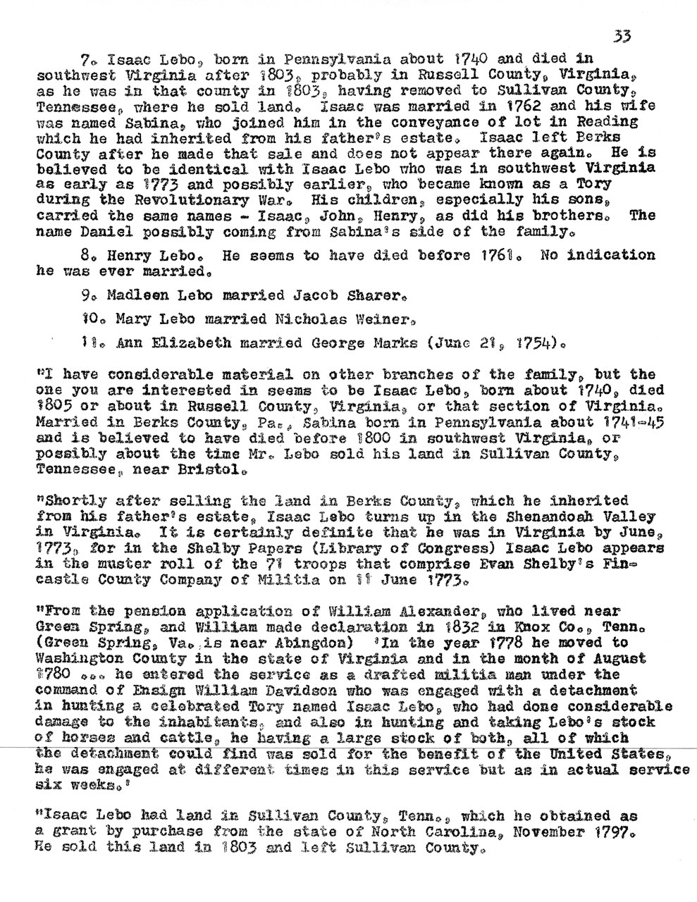 Typewritten genealogical document about the Lebo family, page 33.