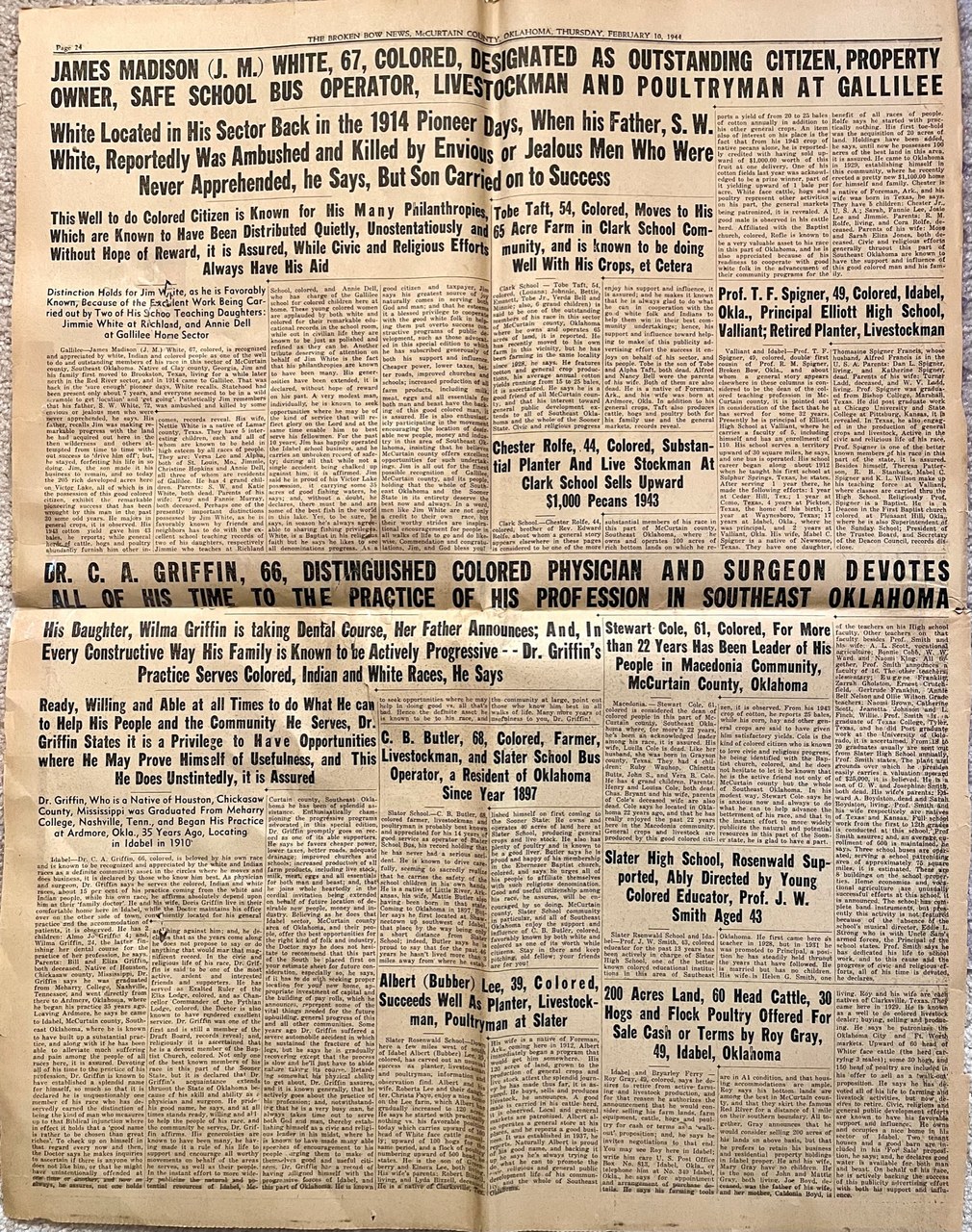 Full page of The Broken Bow News, McCurtain County, Oklahoma, dated February 18, 1944, featuring profile articles about prominent African-American citizens of southeast Oklahoma.