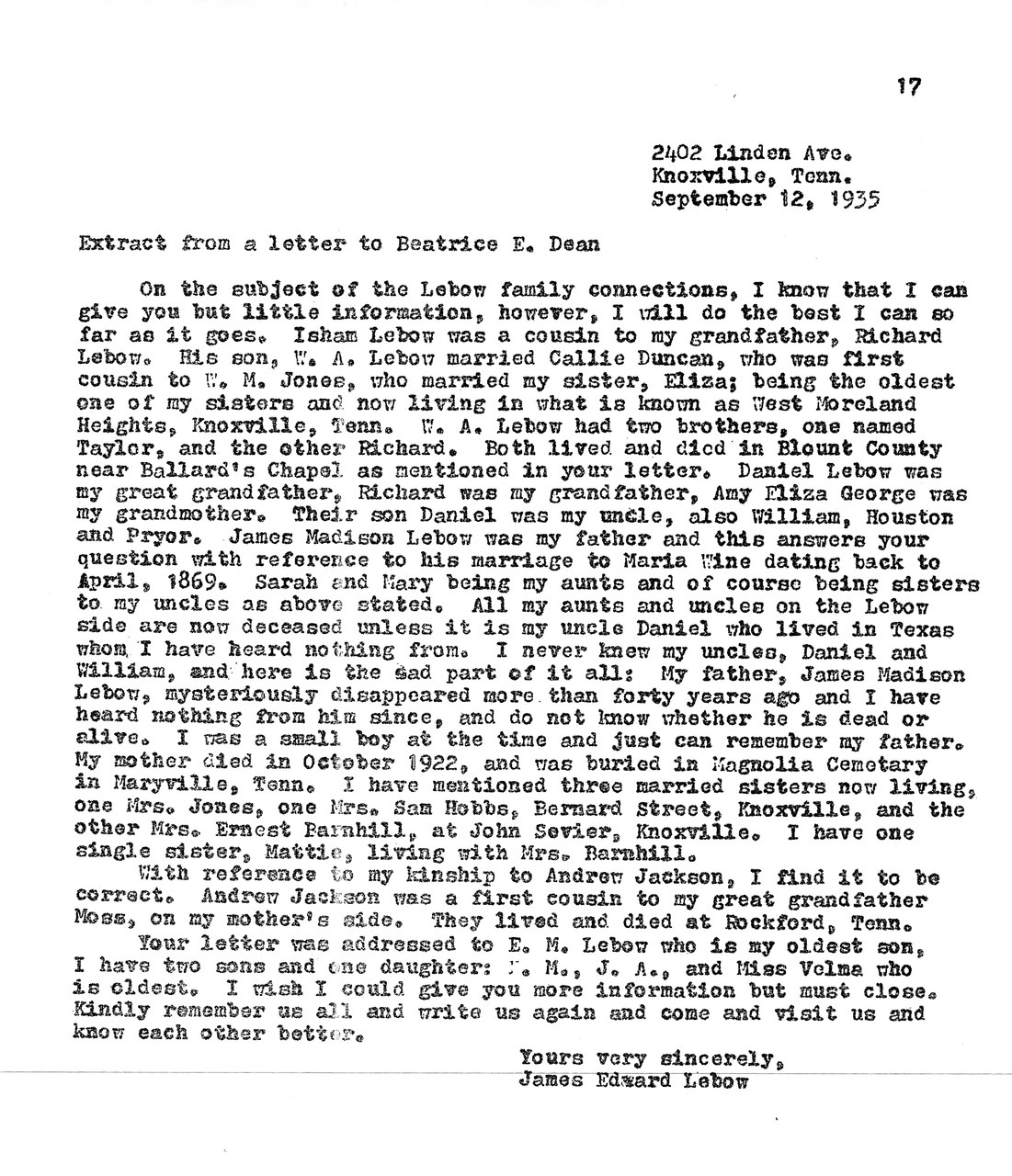Typed letter dated September 12, 1935, from Knoxville, Tennessee, describing family genealogical information.