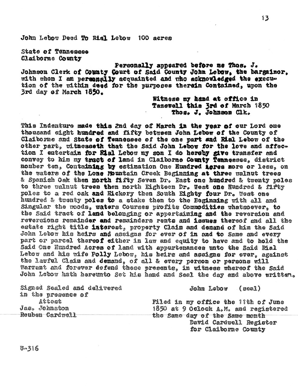 Typewritten land deed document from Claiborne County, Tennessee, dated 1850.