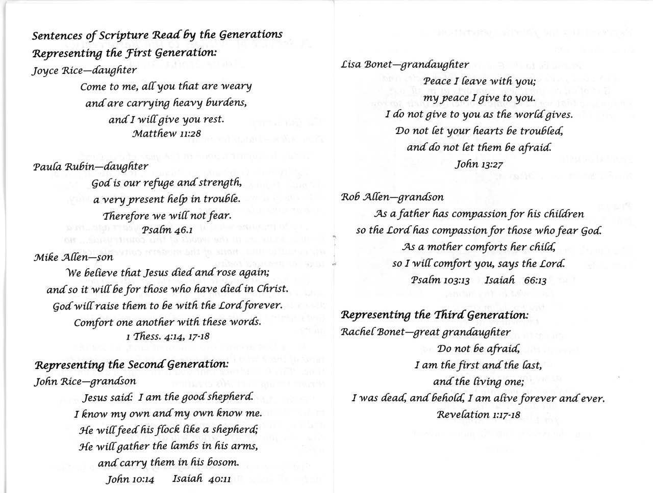 Page of typed scripture sentences representing three generations of a family