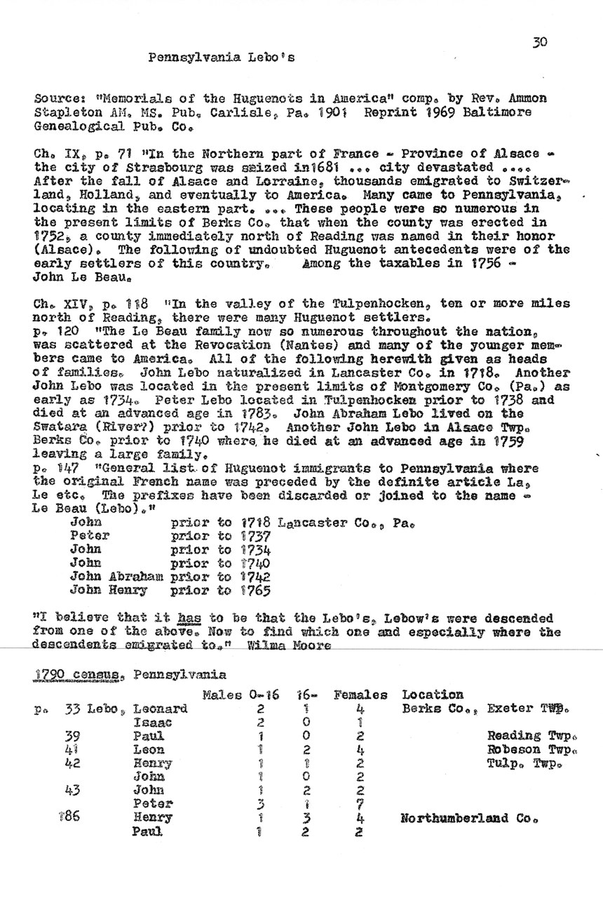 Typewritten genealogical document titled "Pennsylvania Lebo's" with historical text and census data.