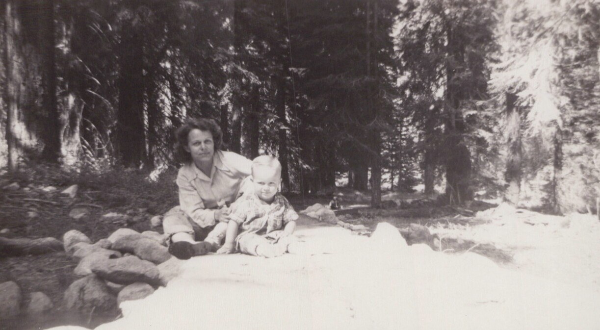 Black-and-white outdoor photo of an adult with curly dark hair holding a smiling fair-haired toddler, seated on a flat light surface amid rocks and tall conifer trees.