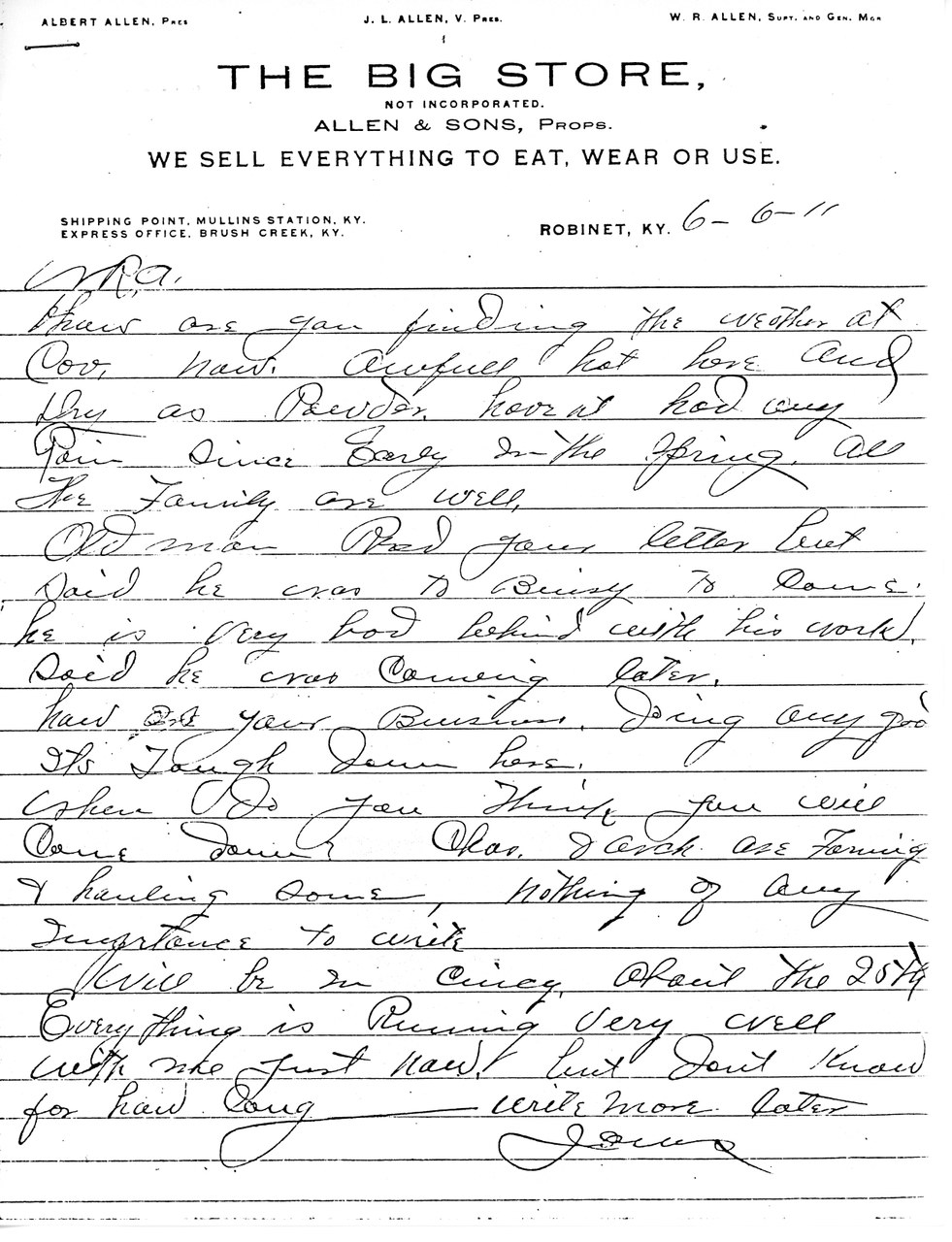 Handwritten letter on "The Big Store" business letterhead from Robinet, Kentucky, dated June 11.