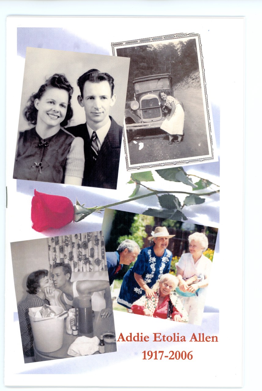 Composite memorial page with vintage photographs, red rose, and person's name and life dates.