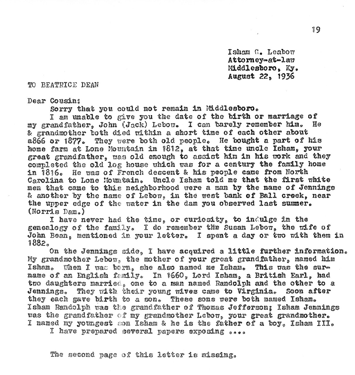 Typewritten letter dated August 22, 1936 from Isham C. Leabow to Beatrice Dean, discussing family genealogy and ancestry.