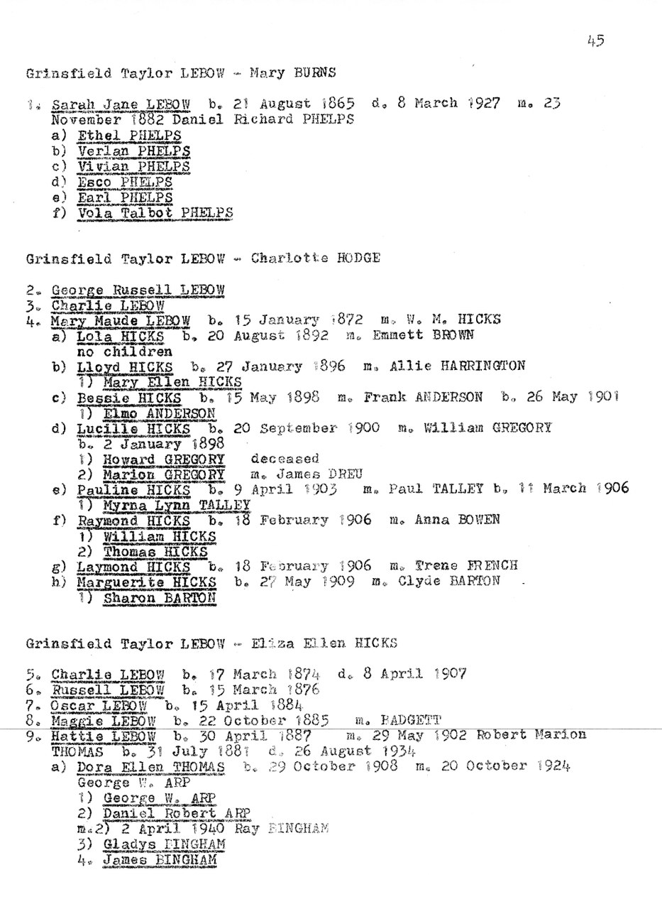 Typed genealogical family records page showing Lebow family descendants