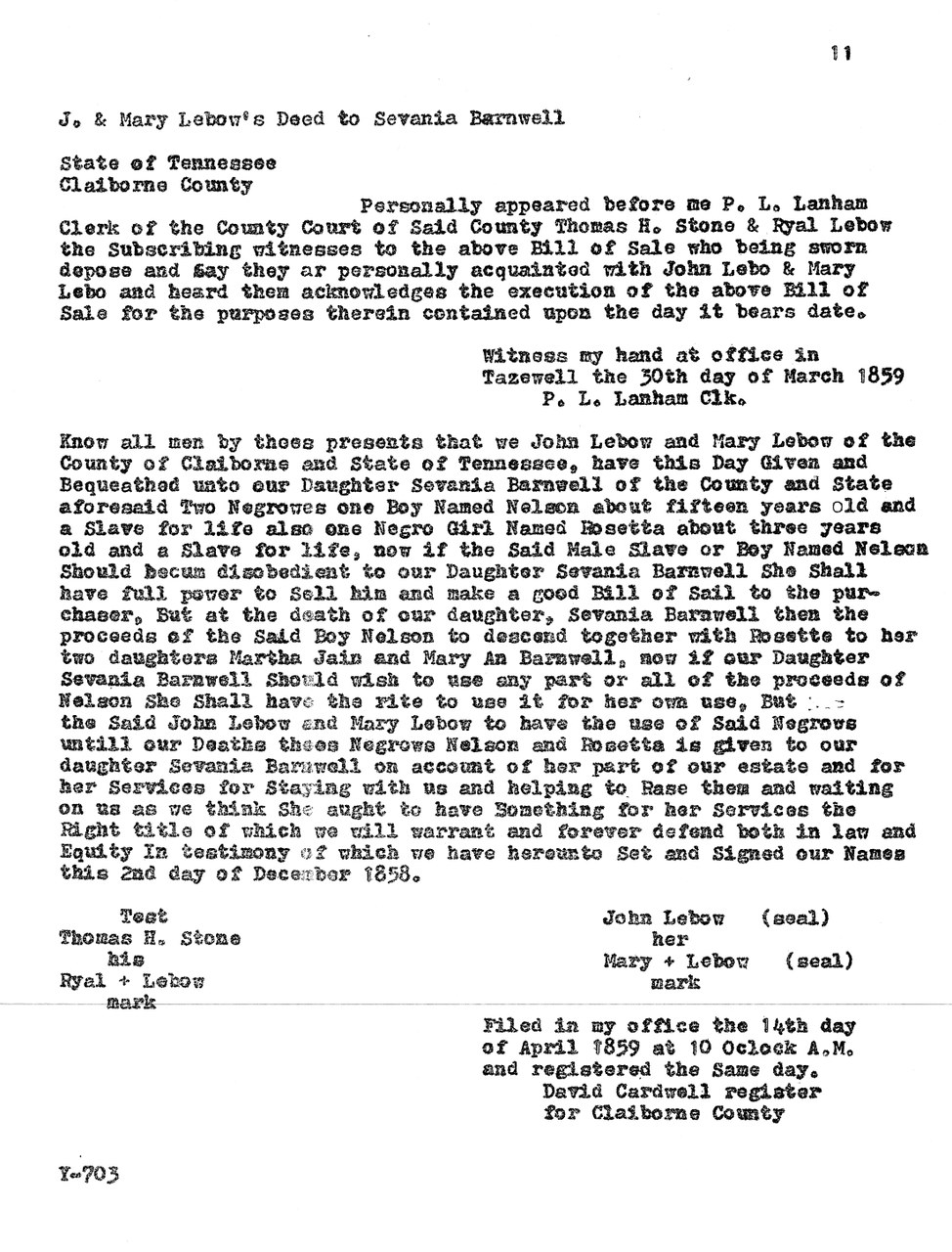 Typewritten legal deed document from 1858-1859, Claiborne County, Tennessee