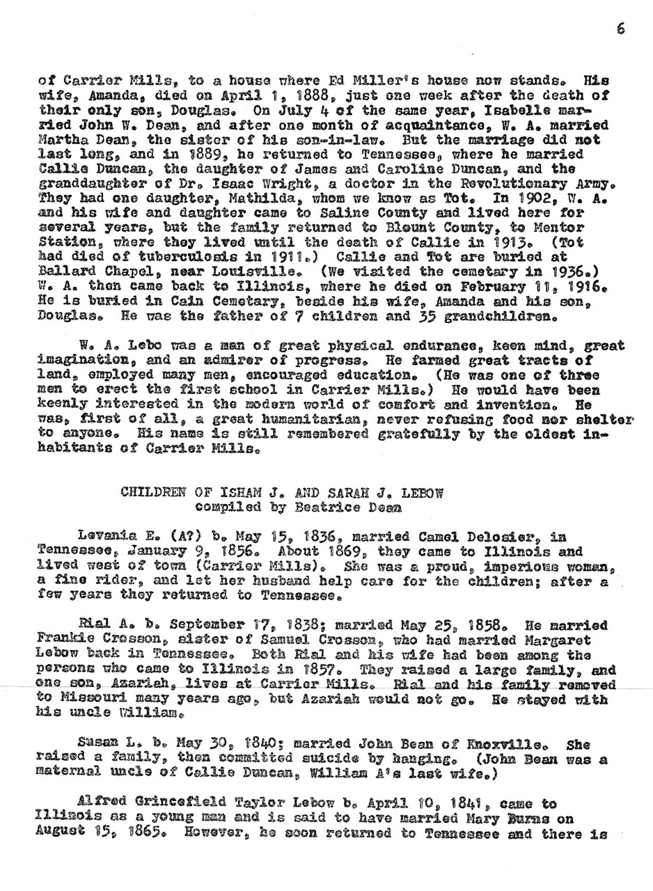 Typewritten genealogical text on family history, circa early-to-mid 20th century