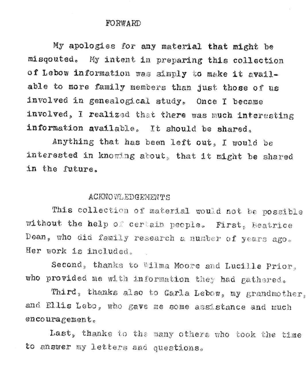 Typewritten forward and acknowledgements page from a genealogical document collection