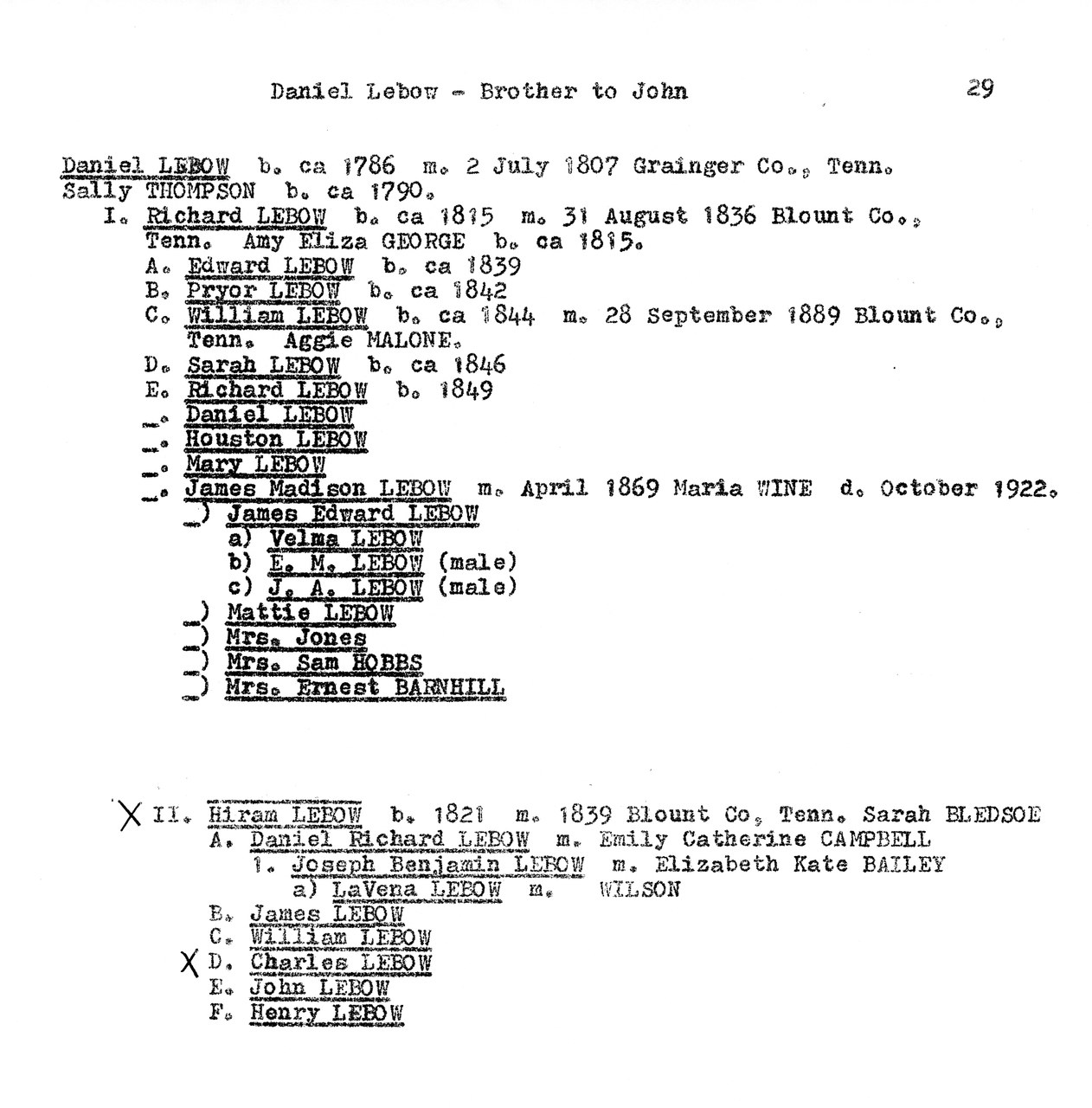 Typed genealogical document page listing descendants of Daniel Lebow