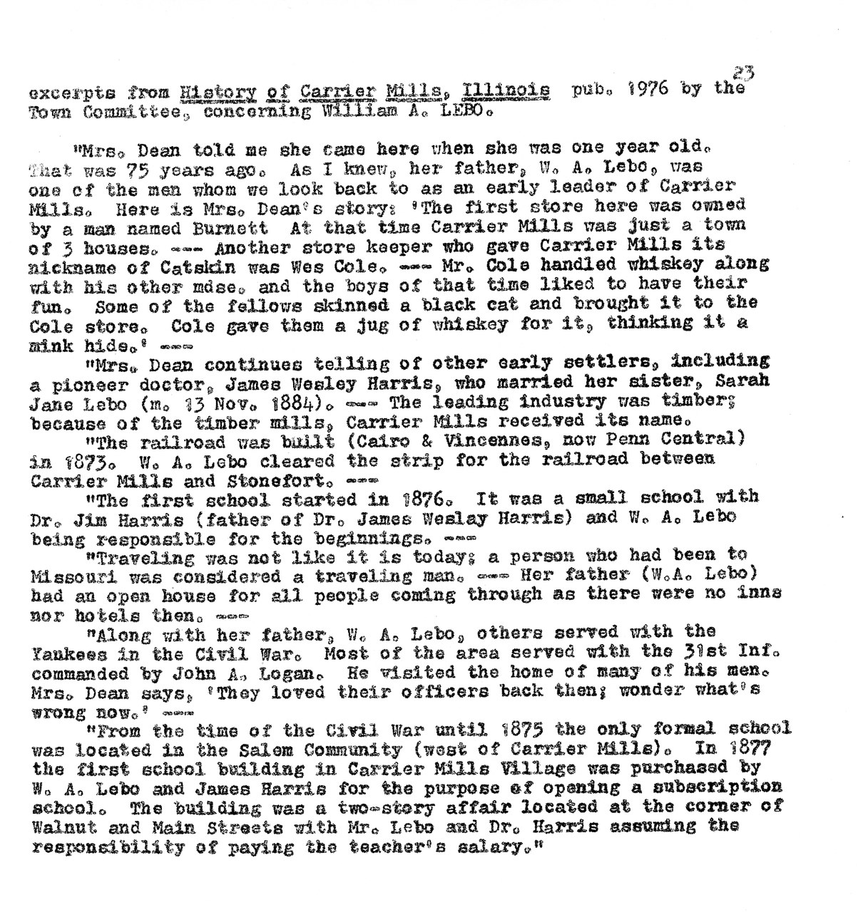 Typewritten historical text document about Carrier Mills, Illinois