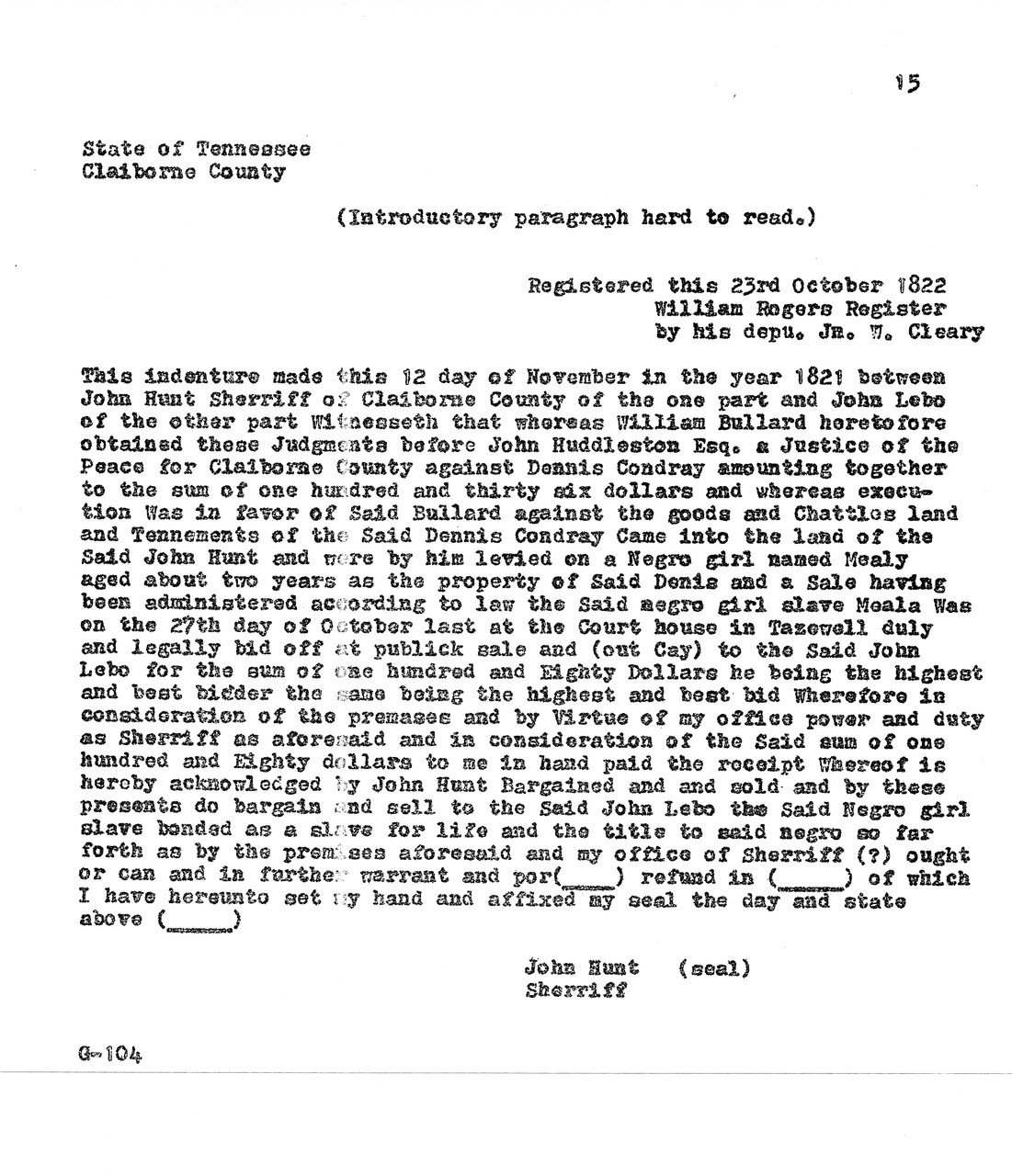 Typewritten historical document from Claiborne County, Tennessee, dated 1821-1822, regarding an indenture and slave sale.